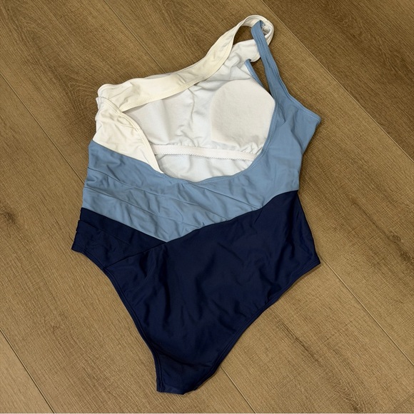 Blue Cream Striped Women size Large One Shoulder One Piece Swimsuit No brand tag - Picture 3 of 10